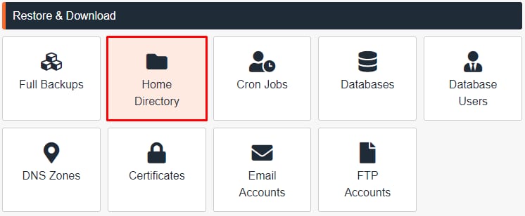 cPanel Restore & Download menu with Home Directory highlighted