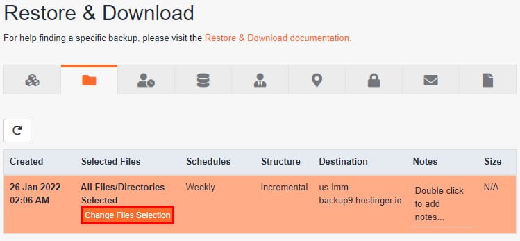 Hostinger cPanel Restore & Download page with the Change Files Selection button highlighted