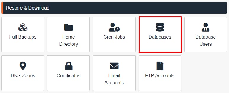 cPanel Restore & Download menu with Databases option highlighted