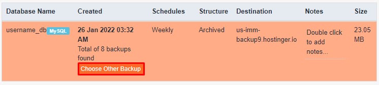 cPanel backup list with the Choose Other Backup button highlighted