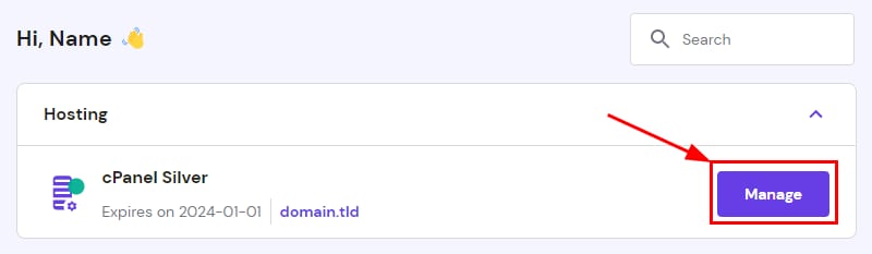 cPanel Silver hosting card with the Manage button highlighted