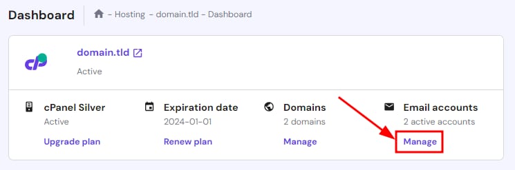 Hostinger cPanel dashboard with the Email accounts Manage button highlighted