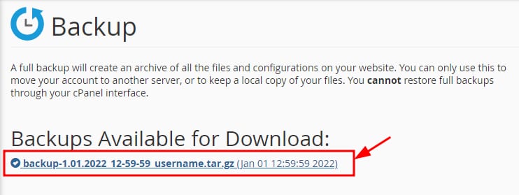 cPanel backup file link to download full account archive