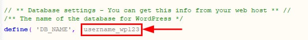 WordPress database name setting showing DB_NAME value username_wp123 highlighted in code