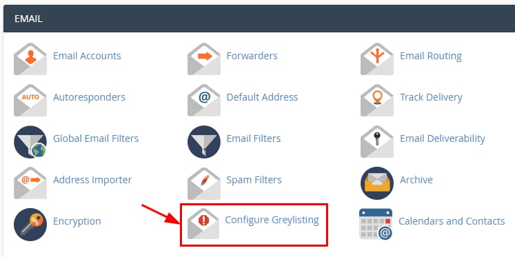 cPanel Email section with Configure Greylisting option highlighted