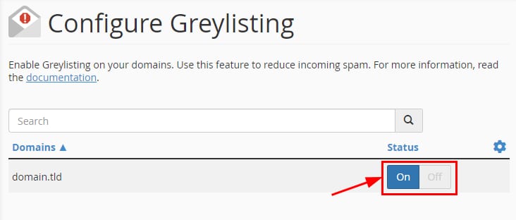 cPanel Configure Greylisting page with the domain status toggle highlighted and set to On