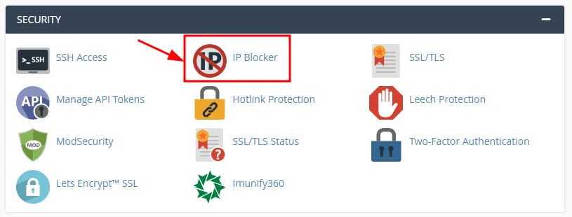 cPanel Security section with the IP Blocker icon highlighted