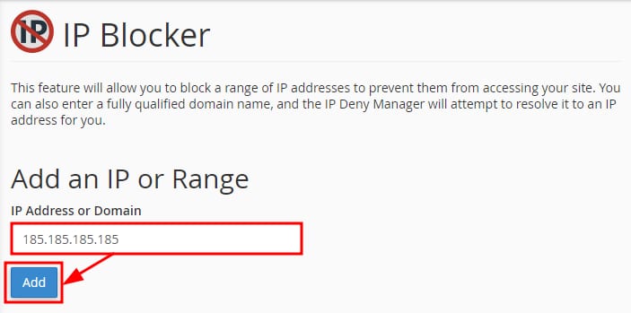 cPanel IP Blocker page with IP address input field and Add button highlighted