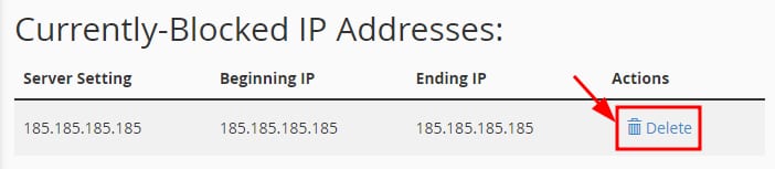cPanel Currently Blocked IP Addresses table with Delete action highlighted