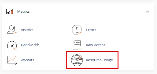 cPanel Metrics menu with Resource Usage highlighted