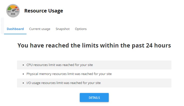cPanel Resource Usage dashboard showing CPU, memory, and I/O limits reached in the past 24 hours