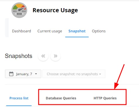 cPanel Resource Usage snapshot with Database Queries and HTTP Queries tabs highlighted