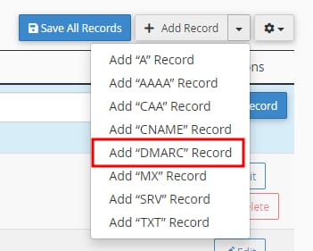 cPanel DNS menu with Add “DMARC” Record highlighted