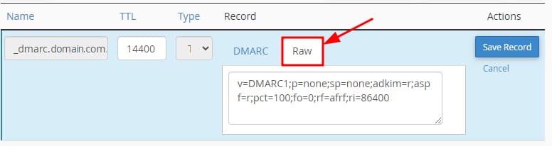 cPanel DMARC record editor with the Raw field highlighted