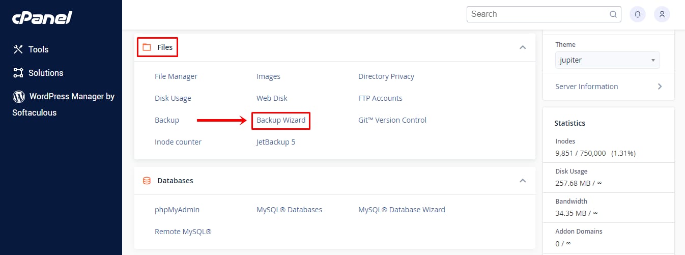 cPanel Files section with Backup Wizard highlighted