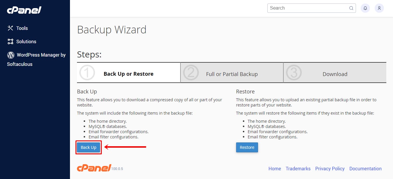 cPanel Backup Wizard with Back Up button highlighted