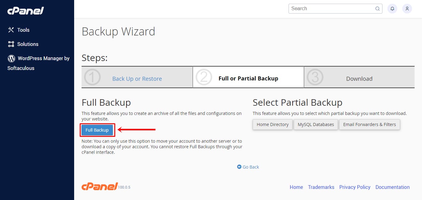 cPanel Backup Wizard page with Full Backup button highlighted in the Full or Partial Backup step