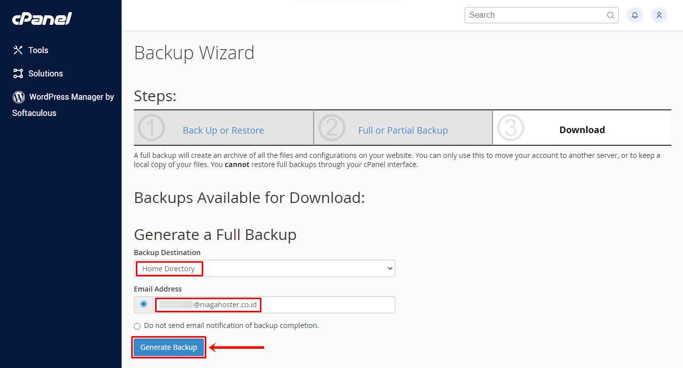 cPanel Backup Wizard generate full backup button and Home Directory destination highlighted
