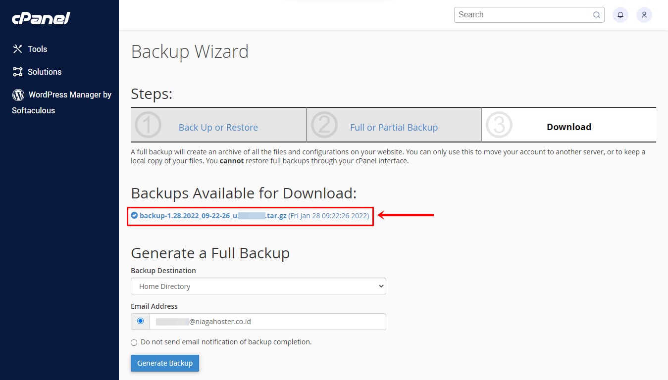 cPanel Backup Wizard download link for a full backup archive