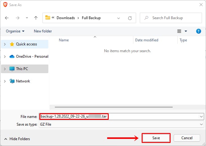 Windows Save As dialog with the backup filename field highlighted and Save button selected