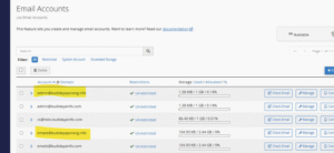 cPanel Email Accounts list with admin@budidayaporang.info and emails@budidayaporang.info highlighted