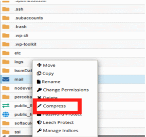 cPanel File Manager context menu with Compress option highlighted