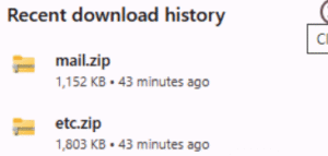 Download history showing mail.zip as the highlighted file in the list