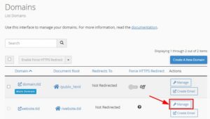 cPanel Domains page with the second domain’s Manage button highlighted