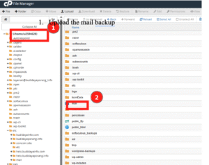 cPanel File Manager showing home directory and highlighted mail folder for email backup upload