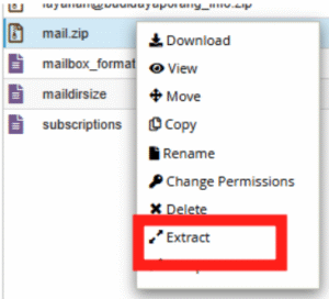 cPanel File Manager context menu with Extract option highlighted