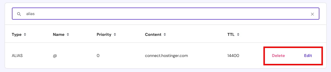 Hostinger ALIAS record row with Delete and Edit actions highlighted on the right