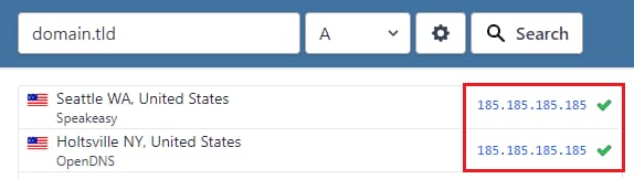 Hostinger DNS panel showing two A record values 185.185.185.185 highlighted in the right column
