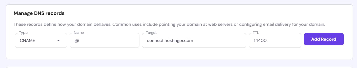 Hostinger DNS records form with CNAME selected and target connect.hostinger.com entered