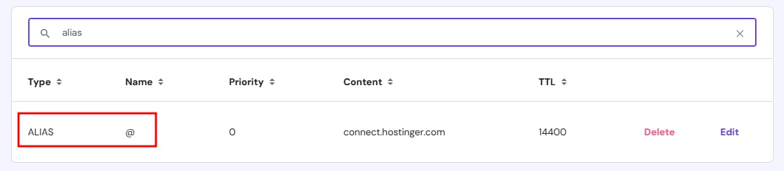 Hostinger DNS record list with ALIAS @ row highlighted