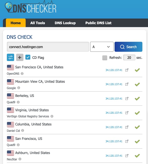 DNSChecker DNS check for connect.hostinger.com A record with results listed across locations