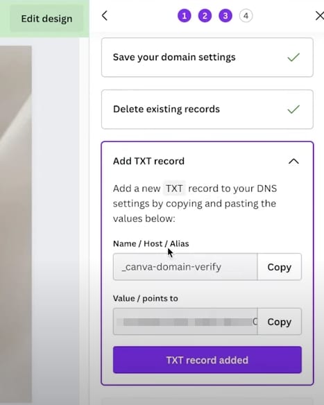 Canva domain setup showing the Add TXT record section with Name/Host/Alias highlighted