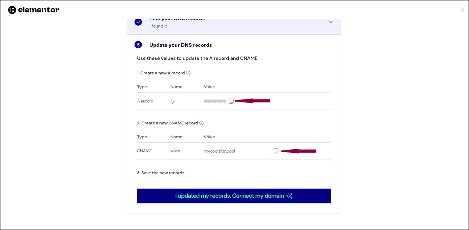 Elementor DNS setup showing highlighted copy icons for A record and CNAME values