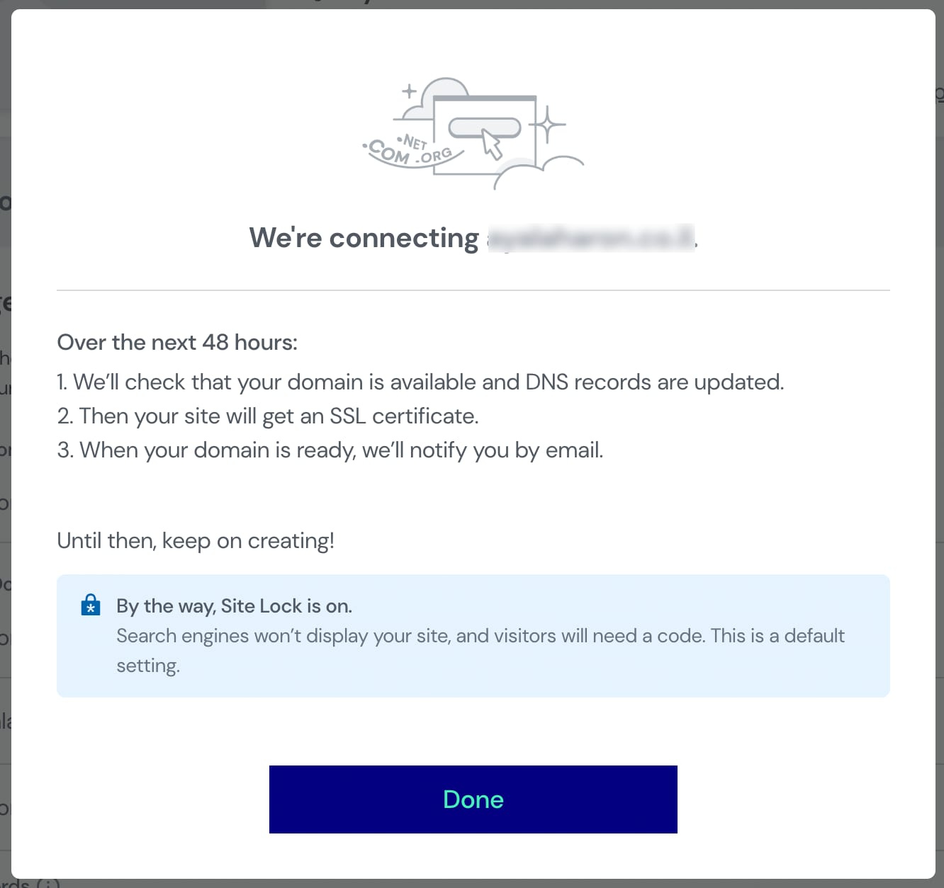 Hostinger domain connection popup with the Done button highlighted