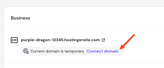 Hostinger hPanel website card showing a temporary domain and a highlighted Connect domain link