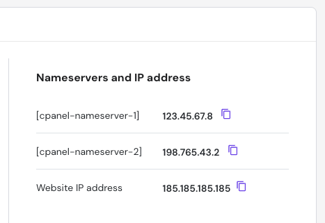 Hostinger cPanel nameservers and IP addresses list with copy icons, showing nameserver and website IP values