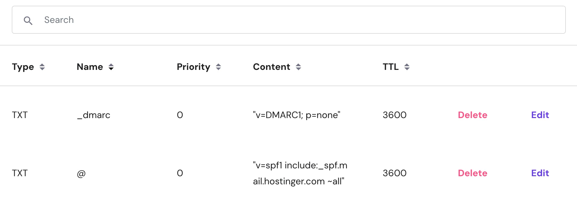 Hostinger DNS records table with TXT _dmarc entry and Edit option visible