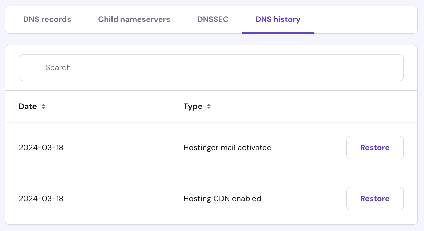Hostinger DNS history tab with search field and restore buttons
