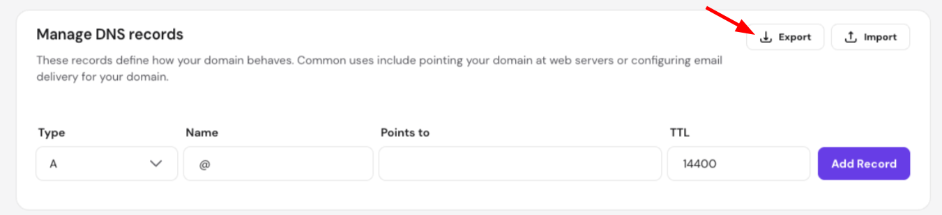 DNS records page with Export button highlighted at top right
