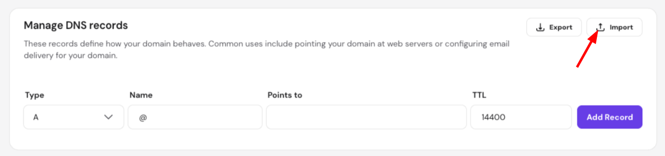 DNS records page with the Import button highlighted in the top right