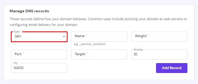 Hostinger DNS records form with SRV selected in the Type dropdown