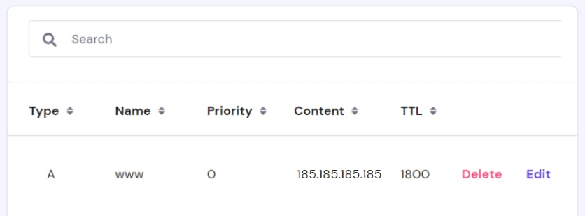 A record for www pointing to 185.185.185.185 with TTL 1800 in Hostinger DNS table