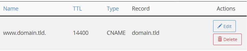 Hostinger DNS record list showing a highlighted CNAME entry for www.domain.tld pointing to domain.tld