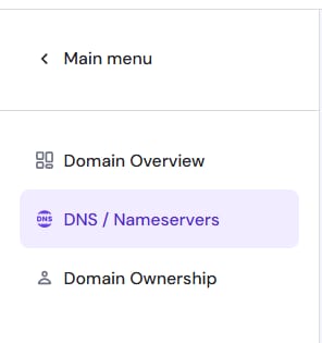 Hostinger domain menu with DNS / Nameservers highlighted