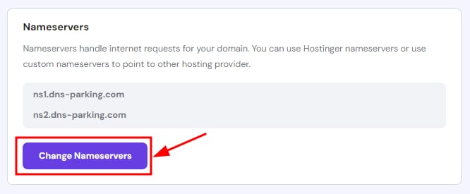 Hostinger Nameservers page with the Change Nameservers button highlighted in purple