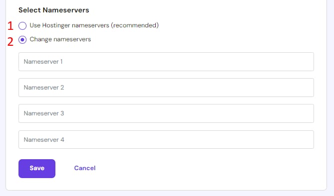 Hostinger nameserver settings with the Change nameservers option selected and input fields below